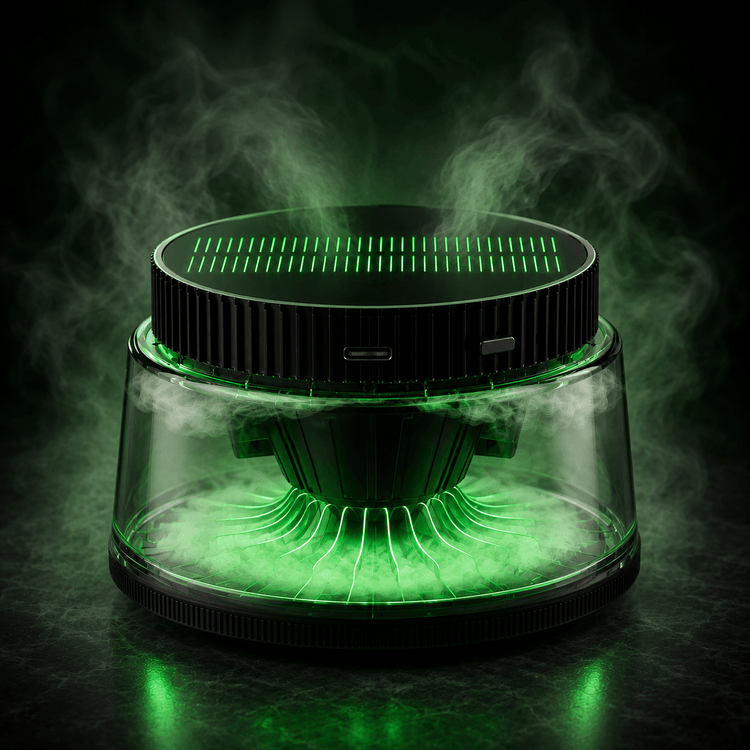 solar car diffuser emitting green aromatic mist with sleek design on dark background