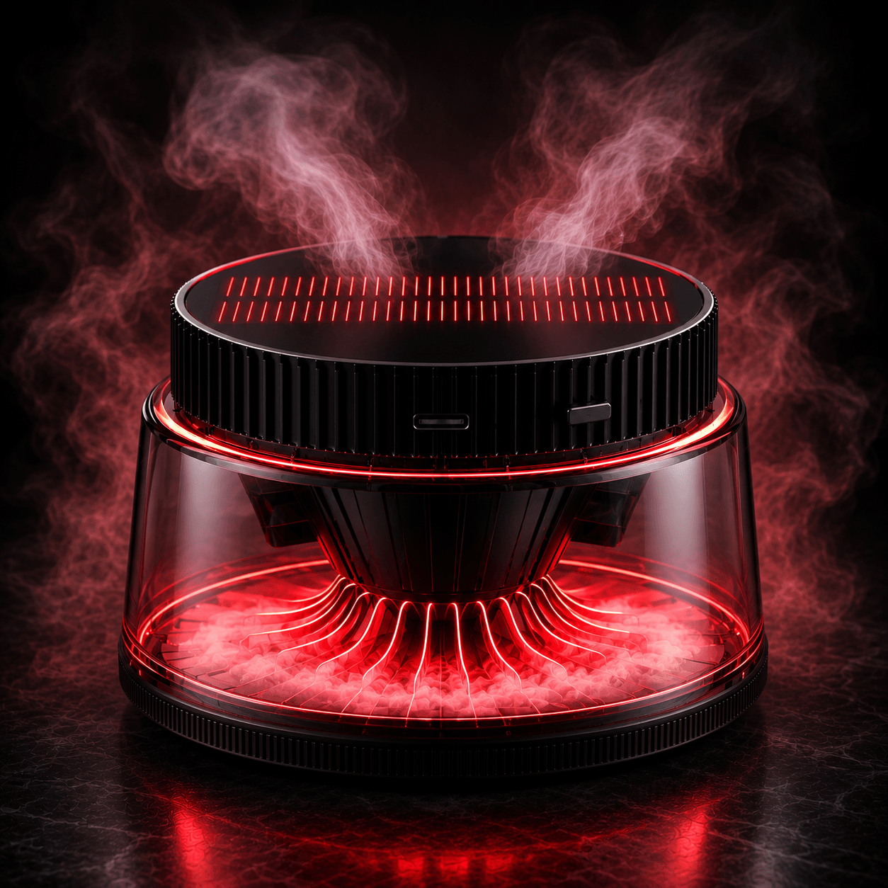 Solar car diffuser with red lighting emitting aromatic mist, showcasing its elegant design and eco-friendly features.