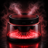 Solar car diffuser with red lighting emitting aromatic mist, showcasing its elegant design and eco-friendly features.