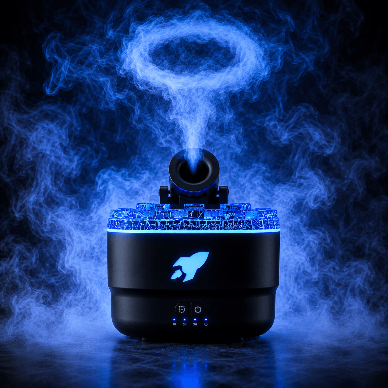 Volcano Flame Aroma Diffuser Smoke Ring Humidifier with Crack Light producing blue smoke rings and soft lighting.