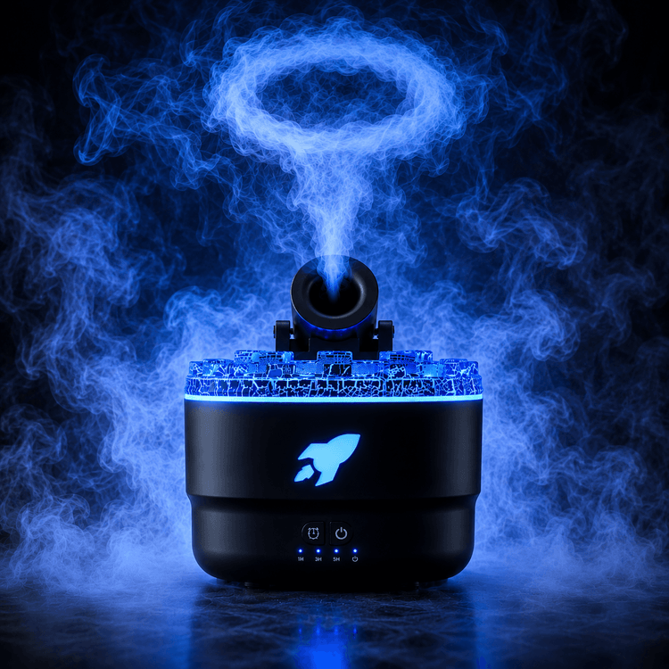 Volcano Flame Aroma Diffuser Smoke Ring Humidifier with Crack Light producing blue smoke rings and soft lighting.