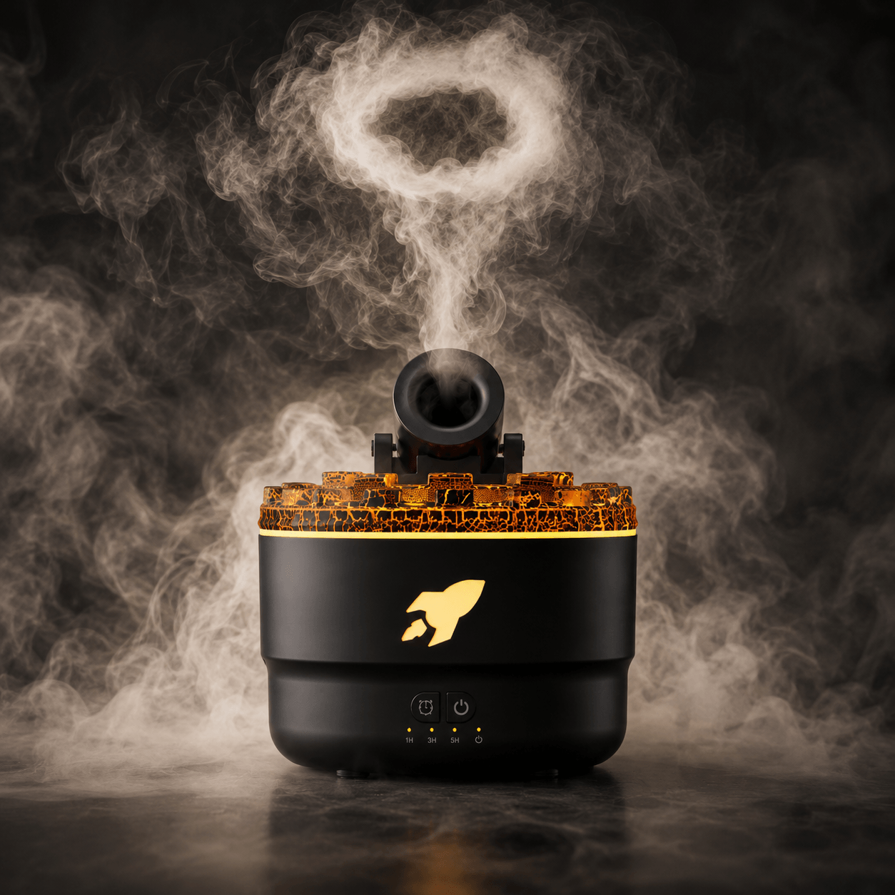 Volcanic smoke ring diffuser creating mesmerizing smoke rings with unique crackle light effect.
