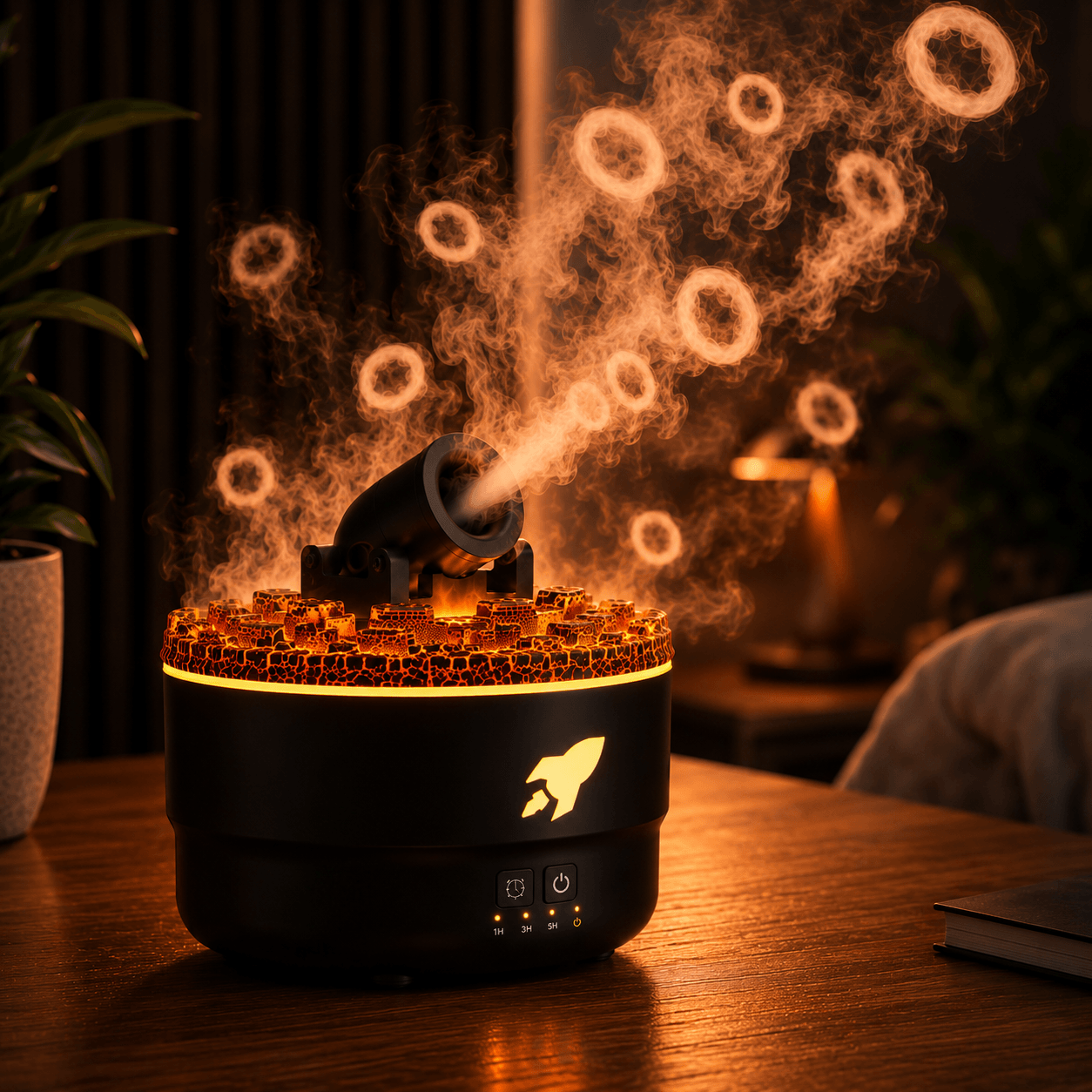 Volcanic smoke ring diffuser emitting hypnotizing smoke rings with unique crackle light effect.